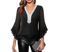 Bodhi talk Elegant Women's Blouse 3/4 Ruffle Sleeves Glitter Tunic V-Neck Double Layer Mesh Blouse Festive Tops for Perfect Everyday and Party, Black star shine, XL
