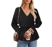 Bodhi talk Pullover Women's Elegant V-Neck Wrap Jumper Casual Business Long Sleeve Tops Women's Autumn, black, XL