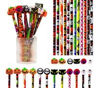 Bodhi2000 12Pcs Halloween Wood Pencils with 12 3D Pumpkin Ghost Skull Erasers, Spooky Printed Writing Pencils, Kids Classroom Reward Stationery, Halloween Party Goodie Bag Fillers Gift 12pcs