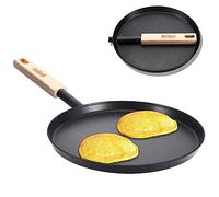 bodkar Frying Pan Skillet Pre-Seasoned 8-inch Flat Griddle Pan, Lightweight Grill Pan with Wooden Handle for Camping Indoor Outdoor Cooking (Black, 8-inch)