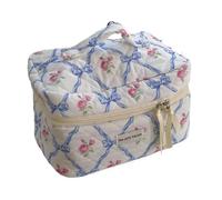 BODOBTF Cute Bow Flower Quilting Cotton Makeup Bag Women Zipper Cosmetic Organizer Female Cloth Handbag Portable Toiletry Case for Girls(Blue-Cosmetic Bag)
