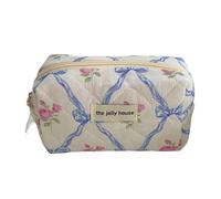 BODOBTF Cute Bow Flower Quilting Cotton Makeup Bag Women Zipper Cosmetic Organizer Female Cloth Handbag Portable Toiletry Case for Girls(Blue-Octagonal Bag)