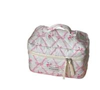 BODOBTF Cute Bow Flower Quilting Cotton Makeup Bag Women Zipper Cosmetic Organizer Female Cloth Handbag Portable Toiletry Case for Girls(Pink-Cosmetic Bag)