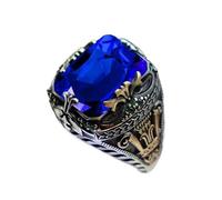 BODOBTF Retro Handmade Turkish Signet Rings for Men Ancient Silver Color Carved Ring Mystic Zircon Inlay New Punk Motor Biker Ring(Dark blue,12)