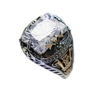 BODOBTF Retro Handmade Turkish Signet Rings for Men Ancient Silver Color Carved Ring Mystic Zircon Inlay New Punk Motor Biker Ring(White,11)