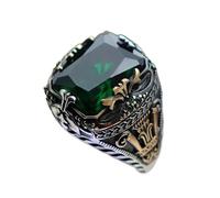 BODOBTF Retro Handmade Turkish Signet Rings for Men Ancient Silver Color Carved Ring Mystic Zircon Inlay New Punk Motor Biker Ring(Green,8)