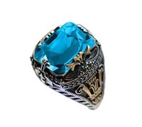 BODOBTF Retro Handmade Turkish Signet Rings for Men Ancient Silver Color Carved Ring Mystic Zircon Inlay New Punk Motor Biker Ring(Blue,11)