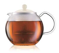 BODUM 1 Litre Borosilicate Glass Assam Tea Press with Glass Handle and Coloured Plastic Lid, White