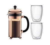 BODUM 8 Cup Chambord Coffee Maker with 0.35 Litre Double Wall 2 Pavina Glasses, Copper, Medium, 1.0 Litre, 14.9 x 26.8 x 32.5 cm K1928-18-1