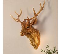 Bodun Deer Head Wall Mount Decor 14.5 inches Faux Deer Head Sculpture for Bar Background Wall Mount Home Living Room Wall Art Christmas Decoration Resin Antler Decor (Gold)