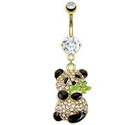 Body Accentz® Belly Button Ring Gold IP Over 316L Surgical Steel CZ Paved Gold IP Panda Bear Holding Bamboo Gem 14 Gauge 3/8, Bamboo,Stainless Steel,Steel