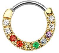 Body Accentz Ten Paved Gem Single Line Gold IP 316L Surgical Steel Septum Clicker Rainbow Nose Ring