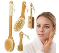 Body Brush 4Pcs Dry Brushing Body Brush Set, Natural Wooden Handle Dry, Boar Bristle Exfoliating Skin, Long Handle Back Scrubber, Face