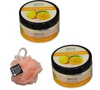 Body Care Mango & Pineapple Body Butter 220ml, Twin Pack, A tropical blend formulated to leave skin feeling conditioned and nourished,With Free Beauty Body Puff (Any Colour)