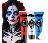 Body Colour, Halloween Face Paint Liquid Set of 3, Halloween Make-Up Red Blue White, Waterproof Cosplay Accessories & Washable Face Painting for Costumes, for Carnival and Halloween