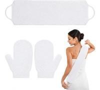 Body Exfoliating Gloves Back Scrubber Set, Exfoliating Shower Towel Body Scrubber for Deep Cleansing, Wash Gloves to Remove Dead Skin Exfoliator for Men & Women (White)