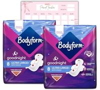 Body Form Ultra Goodnight Sanitary Towels with Wings, 16 (8 x 2 Packs) Period Pads for Night use, Super Heavy Flow, Cour-V Ultra Night wtth Caliko Period Tracker