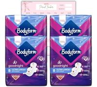 Body Form Ultra Goodnight Sanitary Towels with Wings, 32 (8 x4 Packs) Period Pads for Night use, Super Heavy Flow, Cour-V Ultra Night with Caliko Period Tracker