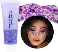 Body Glitter Gel, 50ML Face Glitters Body Gel Sequins Shimmer Liquid Eyeshadow, Mermaid Sequins Liquid Holographic Glitter Gel, Chunky Glitter for Face Hair Nails (Purple)