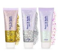 Body Glitter Gel Set, Face and Body Gel Sequins Shimmer Liquid Eyeshadow, Mermaid Sequins Liquid Holographic Chunky Glitter Rave Accessories for Eye Hair Nail DIY Art(Gold,Silver,White)
