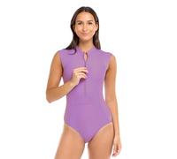 Body Glove Women's Standard Manny Zip Front Cap-Sleeve One Piece Swimsuit with UPF 50+, Akebi, Medium