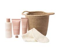 Body Glow Pamper Basket Gift Set for Women - Spiced Jasmine Body Wash 100ml Bubble Bath 150ml Shea Sugar Scrub 50ml Exfoliating Mitt - Vegan Bath and Body Toiletries