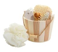 Body Scrubber Set with Foot Grinding Stone and Wooden Basin | Beige Polyester and Wood Bath Kit, Hang-dry Storage, for Chest, Feet, Shower Use