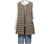Body Warmers For A Man Ultralight Portable Vest Autumn Winter Women Long Collarless Duck Down Waistcoat Sleeveless Button Feather Lining(Khaki,L)