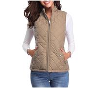 body warmers for a woman Womens Quilted Gilet Full Zip Sleeveless Waistcoat Ladies Pocket Lightweight Warm Jackets Padded Zipper Vests Coat Fasion Outdoor Hiking Sports Fall Winter Outfits Khaki M