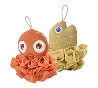 Body Wash Sponge 2 Piece Cartoon Soft Sea Animal Bathing Pouf Balls | Funny Large Loofah Sponge for Kids Adults Washing Cleaning Home Bathroom Hotel