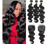 Body Wave 3 Bundles with 4x4 Free Part Lace Closure 100% Unprocessed Brazilian Remy Virgin Hair Body Wave Human Hair Bundles with Closure Natural Color 18 20 22+16