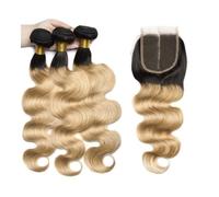 Body Wave Human Hair Bundles, 3/4 Brazilian Hair Bundles with 4x4 Lace Closure Ombre 1B/27 Color Remy Hair Extension(20 20 20 20 with 18)