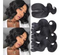 Body Wave Human Hair Bundles with Closure (10 10 10+10) 12A 3 Bundles Human Hair with Closure 4x4 Lace 100% Unprocessed Brazilian Virgin Hair