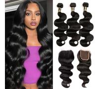 Body Wave Human Hair Bundles with Closure - Brazilian Virgin Hair Unprocessed Real Human Hair Extensions for Women 10 12 14+10 Inch