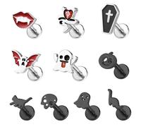 BodyAce 16G Flat Back Earrings Halloween Lip Rings Black Gothic Labret Stud Cartilage Helix Earring Pumpkin Lip Studs Ghost Skull Tragus Piercing Halloween Jewelry, Stainless Steel Cubic Zirconia