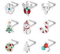 BodyAce 20G Christmas Nose Rings, Stainless Steel Nose Studs l Shaped Nostril Ring, Corkscrew Nose Piercing Christmas Jewellery for Women Men [A:L-Shaped]