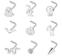 BodyAce 20G Nostril Studs Black Nose Rings, Stainless Steel Halloween Corkscrew L Shaped Studs, Bats Skull Piercing Jewelry for Women Men, Crystal, cubic-zirconia