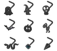 BodyAce 20G Nostril Studs Black Nose Rings, Stainless Steel Halloween Corkscrew L Shaped Studs, Bats Skull Piercing Jewelry for Women Men, Crystal, cubic-zirconia
