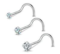 BodyAce 20g Real Solid 18k Nose Rings for Women Men, 18K White Gold Nose Rings Studs, Simulated Diamond Nose Piercing Jewellery 1.5mm 2mm 3mm (A:Screw)