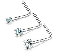 BodyAce 20g Real Solid 18k Nose Rings for Women Men, 18K White Gold Nose Rings Studs, Simulated Diamond Nose Piercing Jewellery 1.5mm 2mm 3mm (A:L-Shaped)
