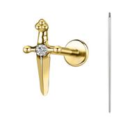 BodyAce ASTM F136 Titanium Lip Bar Labret Rings, 16G Flat Back Earring with Piercing Taper, Internally Threaded Cartilage Piercing Tragus Studs Body Jewellery [Gold Sword White Zircon]