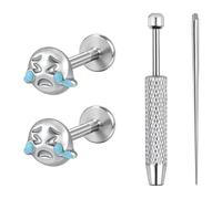 BodyAce Emoji Flat Back Piercing Studs Laugh Cry Labret Stud Angry Conch Piercing Helix Jewelry 16g Lip Rings Cute Emoji Stud Earring for Women, 8 mm, Stainless Steel, no gemstone