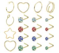 BodyAce Gold Nose Studs Nose Rings Hoops, Surgical Steel 20G Spiral Nostril Hoops Cartilage Earrings, Star Heart Tragus Nose Piercings Gold Jewelry (B:L-Shaped)