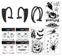BodyAce Halloween Clip On Earrings Fake Piercings, Vampire Teeth Lip Cuff Gold Ear Cuff No Piercing, Cyberpunk Lip Jewellery With Face Tattoos Stickers