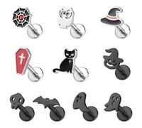 BodyAce Halloween Flat Back Earrings 16g Vertical Lip Bars Gothic Black Labret Studs Pumpkin Conch Tragus Rings Ghost Skull Helix Piercing Halloween Jewellery [B:8mm]