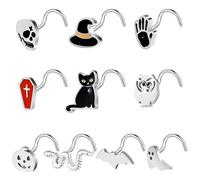BodyAce Halloween Nose Ring Black Nostril Rings 20G Nose Studs Stainless Steel Nostril Stud L Shaped Bat Nose Piercing Skulls Pumpkins Halloween Jewellery [B:Screw]