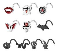 BodyAce Halloween Nose Ring Black Nostril Rings 20G Nose Studs Stainless Steel Nostril Stud L Shaped Bat Nose Piercing Skulls Pumpkins Halloween Jewellery [A:Screw]
