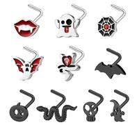 BodyAce Halloween Nose Ring Black Nostril Rings 20G Nose Studs Stainless Steel Nostril Stud L Shaped Bat Nose Piercing Skulls Pumpkins Halloween Jewellery [A:L-Shaped]