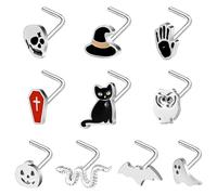 BodyAce Halloween Nose Ring Black Nostril Rings 20G Nose Studs Stainless Steel Nostril Stud L Shaped Bat Nose Piercing Skulls Pumpkins Halloween Jewellery [B:L-Shaped]
