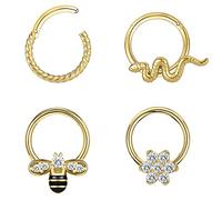 BodyAce Surgical Steel Septum Nose Rings Hoop, Rook Cartilage Helix Earrings, Bat Bee Snake Septum Clicker Nose Hoops Piercing Jewelry for Women Men (B:Gold,8mm)